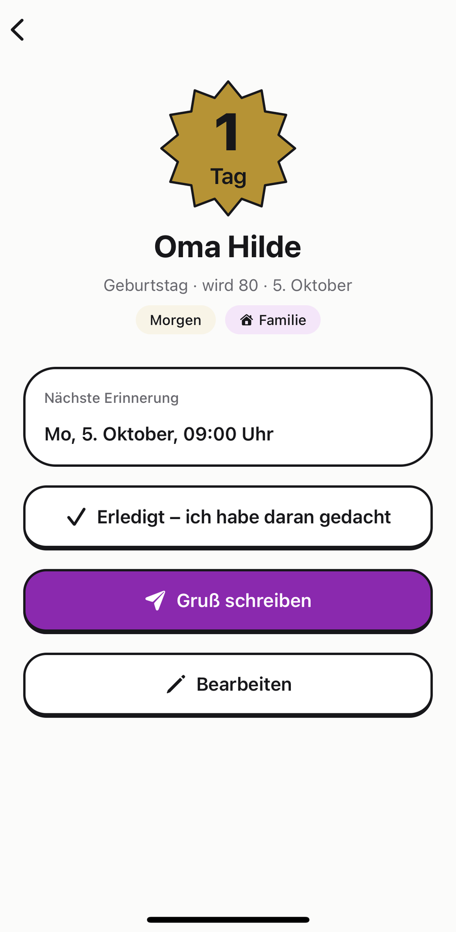 Anlass Oma Hilde, Geburtstag, wird 80, morgen. Nächste Erinnerung Montag, 5. Oktober, 9 Uhr, mit den Knöpfen „Erledigt – ich habe daran gedacht“ und „Gruß schreiben“.